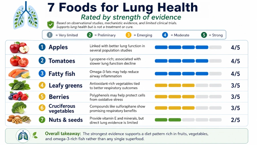 Chart of seven foods for lung health rated by strength of evidence.