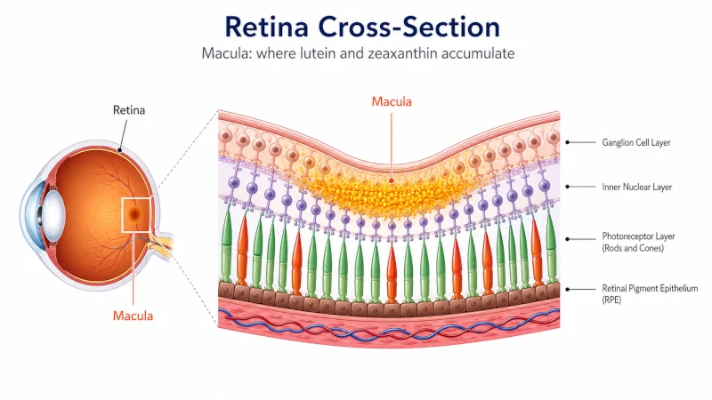 Cross-section of the retina showing the macula where lutein and zeaxanthin accumulate.