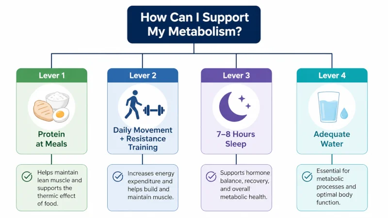 Decision tree showing four levers for supporting metabolism: protein at meals, daily movement plus resistance training, seven to eight hours sleep, and adequate water.