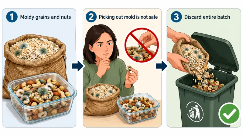 Step illustration showing moldy grains and nuts being discarded rather than salvaged.