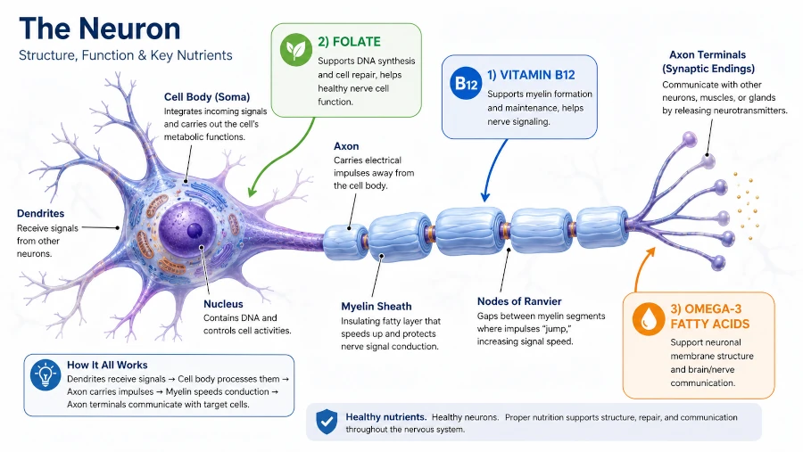 Educational diagram of a neuron with myelin sheath highlighting roles of B12, folate and omega-3 fatty acids.