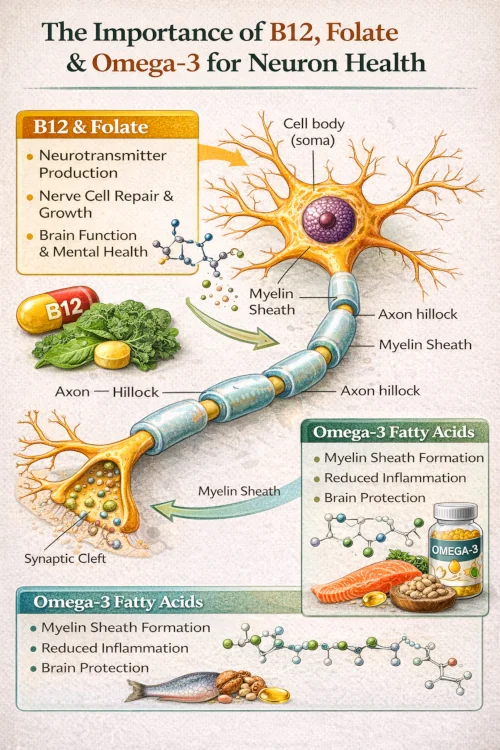 Educational diagram of a neuron with myelin sheath highlighting roles of B12, folate and omega-3 fatty acids.