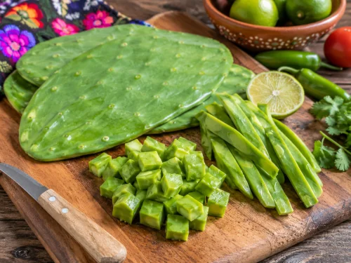Fresh nopal prickly pear cactus pads on a cutting board, a traditional Mexican food used in diabetes management.