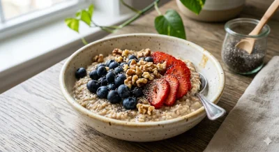 Foods that help with depression: Bowl of oatmeal with berries, walnuts, and chia seeds as part of a mood-supportive diet.
