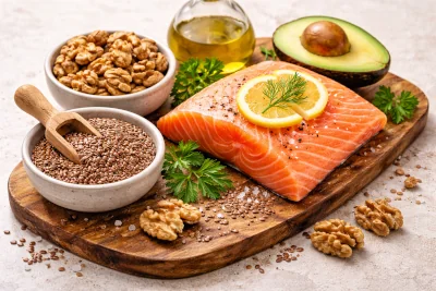Omega-3 rich foods including salmon fillet, walnuts, and flaxseeds arranged on a wooden board.