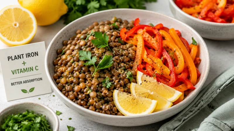 best foods for anemia such as Lentils with lemon and bell peppers showing how vitamin C pairs with a plant-iron meal.