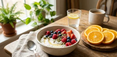 Plain yogurt with berries and seeds as an easy nutrient-rich snack.