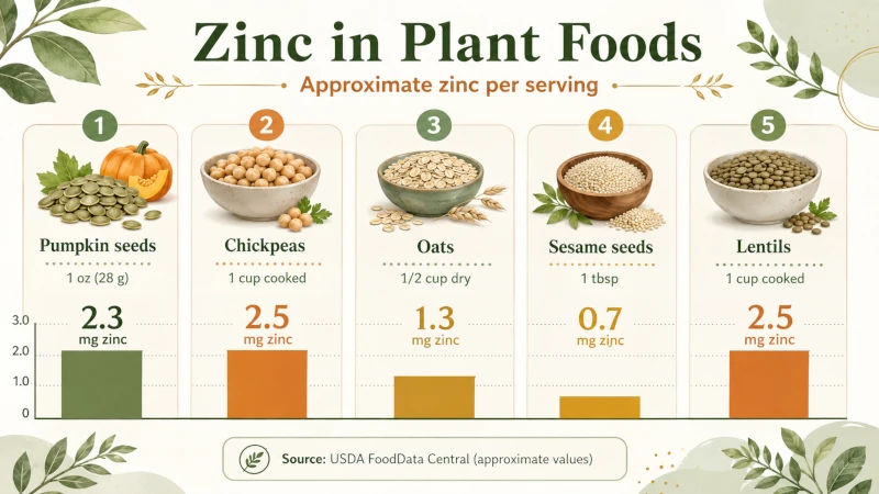 Infographic showing zinc content in plant foods: pumpkin seeds, chickpeas, oats, sesame seeds, and lentils per serving.