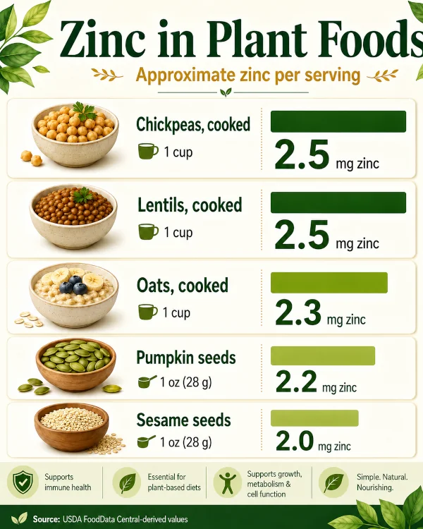 Infographic showing zinc content in plant foods: pumpkin seeds, chickpeas, oats, sesame seeds, and lentils per serving.