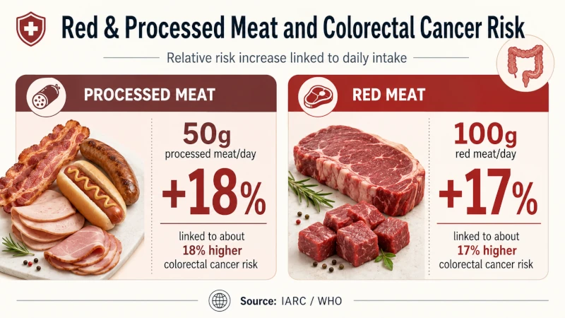 Graphic showing 50g processed meat linked to about 18% higher colorectal cancer risk and 100g red meat to about 17%.