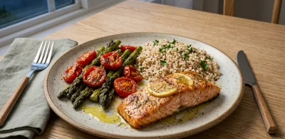 Salmon with vegetables, olive oil, and whole grains in a Mediterranean-style meal.