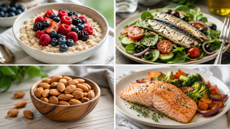 Four photos showing a day of meals to support the nervous system: oatmeal with berries, salad with sardines, almonds, and baked salmon with vegetables.