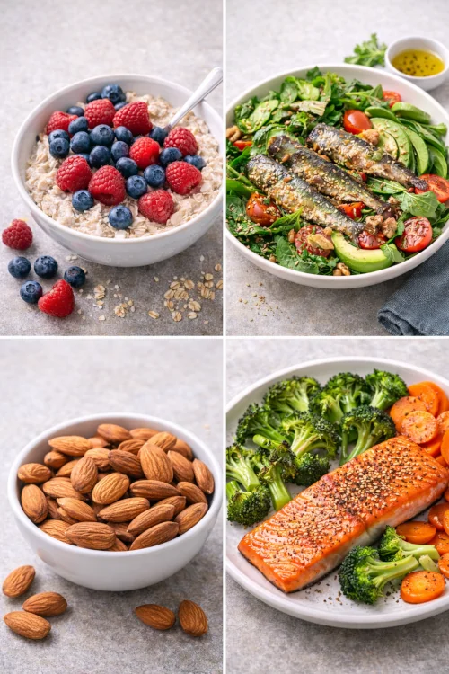 Four photos showing a day of meals to support the nervous system: oatmeal with berries, salad with sardines, almonds, and baked salmon with vegetables.