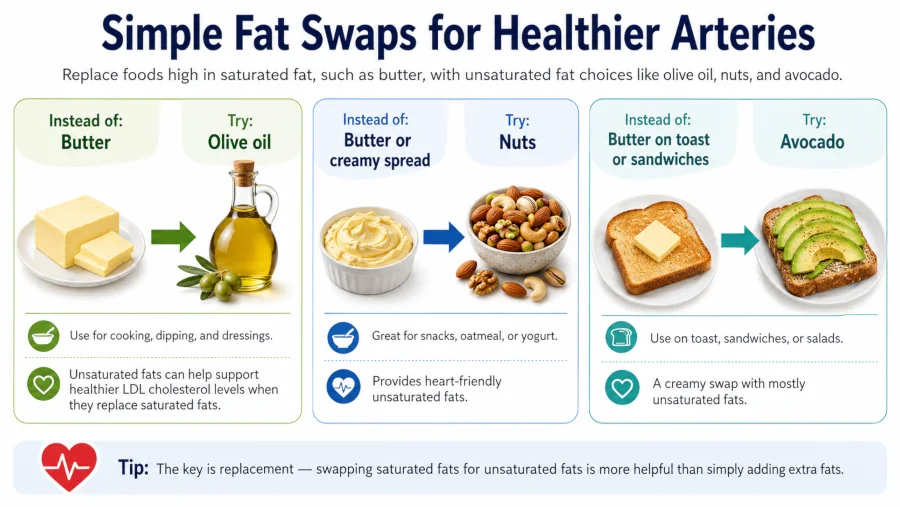 Infographic showing swaps from saturated fats like butter to unsaturated fats like olive oil, nuts, and avocado.