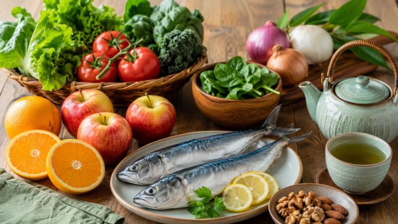 Apples, tomatoes, leafy greens, oranges, oily fish, onions and green tea arranged on a table.