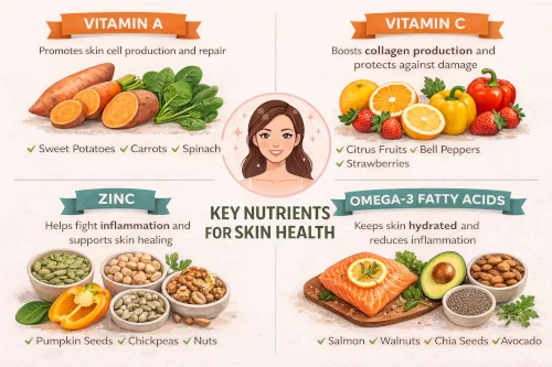 Infographic showing key nutrients of foods that are good for your skin including vitamin A, vitamin C, zinc, and omega-3 fatty acids with their food sources.