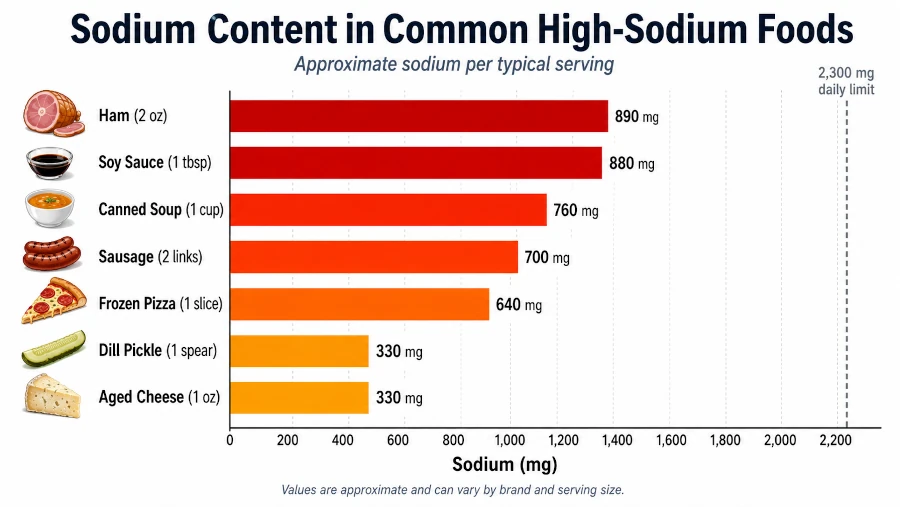 Bar chart comparing sodium content in ham, sausage, aged cheese, and other foods linked to high blood pressure.