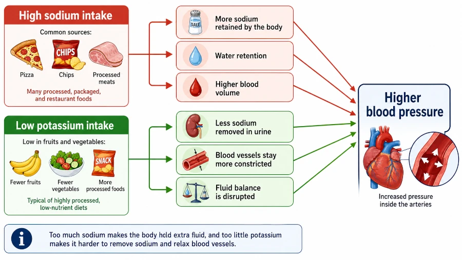 Diagram showing how high sodium and low potassium in the diet raises blood pressure.