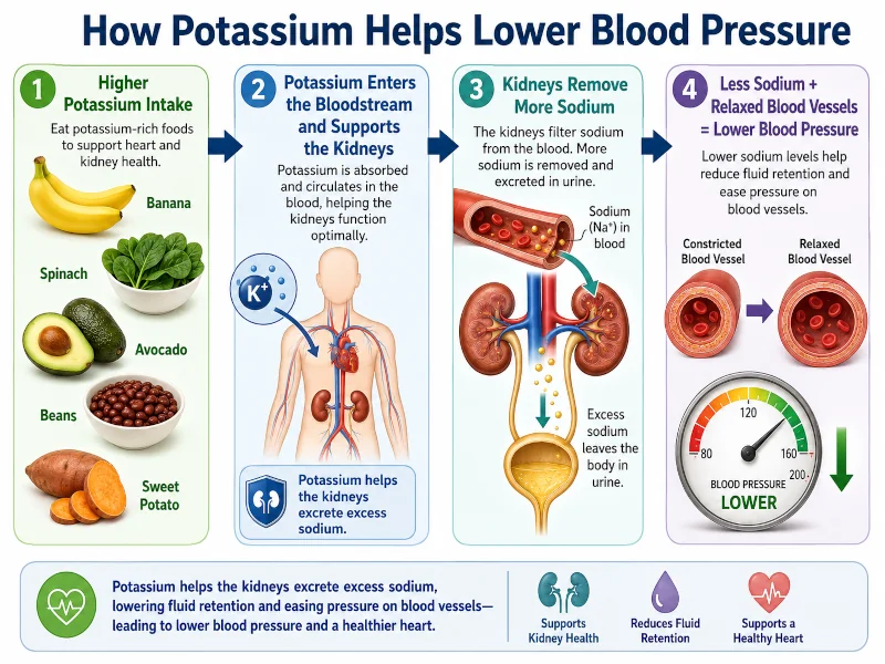 Diagram showing how potassium helps the body remove sodium to lower blood pressure.