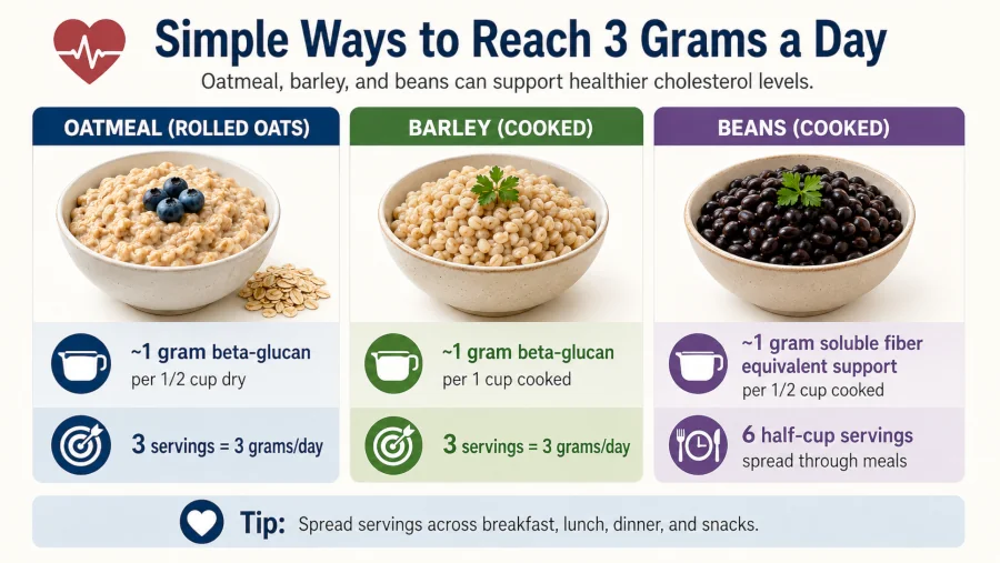 Food portions showing how to reach 3 grams of oat beta-glucan per day from oatmeal, barley, and beans.