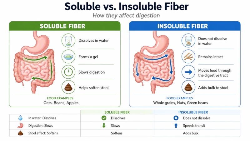 Diagram comparing soluble and insoluble fiber and their effects on digestion.