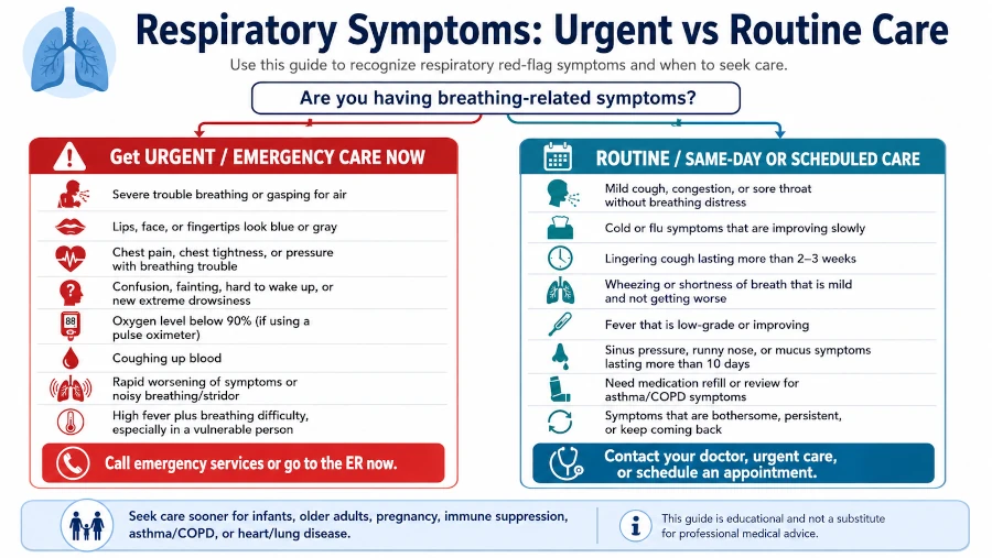 Decision guide showing respiratory red-flag symptoms that need urgent versus routine care.