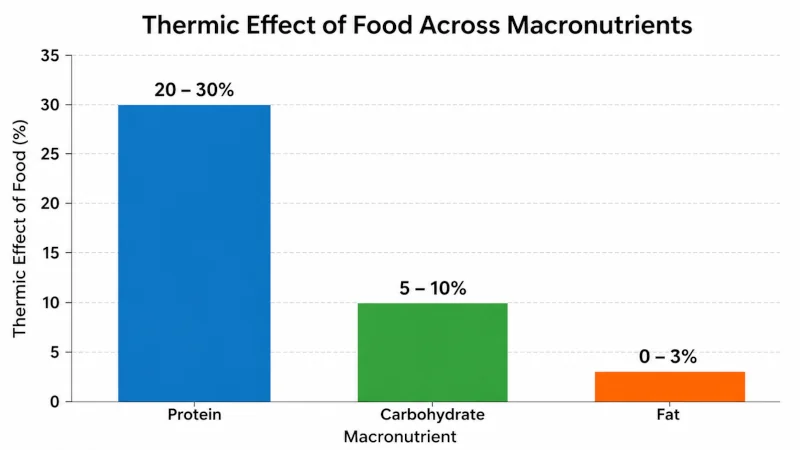 Bar chart comparing the thermic effect of food across macronutrients: protein 20 to 30 percent, carbohydrate 5 to 10 percent, fat 0 to 3 percent.