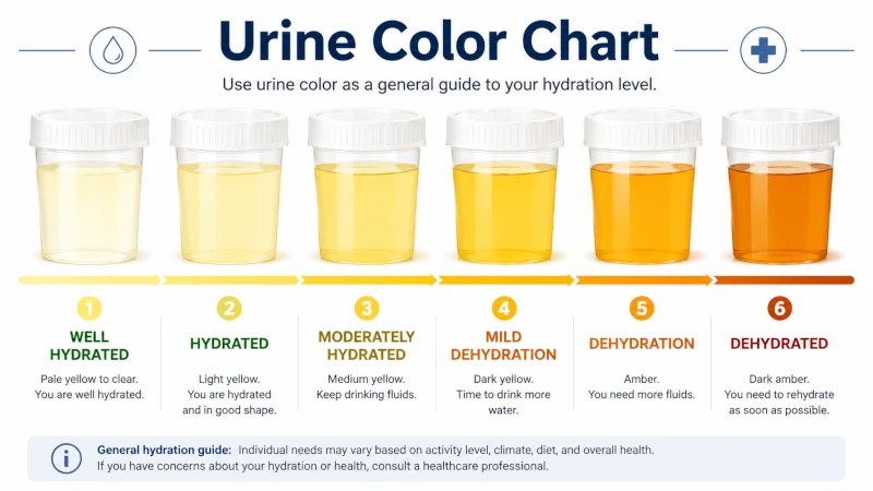 Urine color chart from pale yellow (well hydrated) to dark amber (dehydrated).