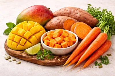 Beta-carotene rich foods including mango, sweet potato, and carrots on a light background.