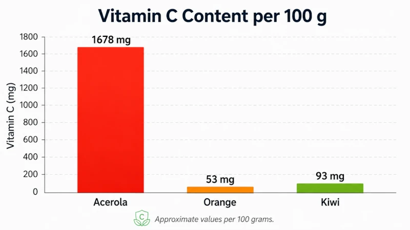Bar chart comparing vitamin C content of acerola, orange and kiwi per 100 grams.