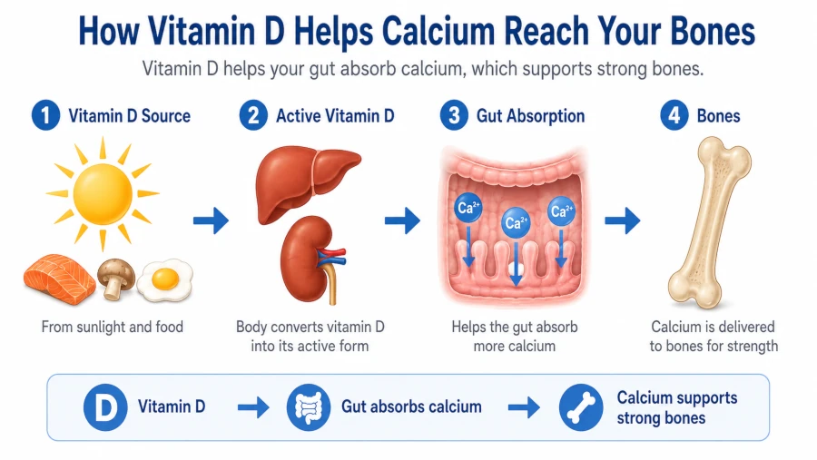 Diagram showing how vitamin D helps the gut absorb calcium for bone.