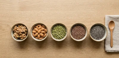 Walnuts, almonds, pumpkin seeds, chia seeds, and flaxseeds for a nutrient-dense eating pattern.
