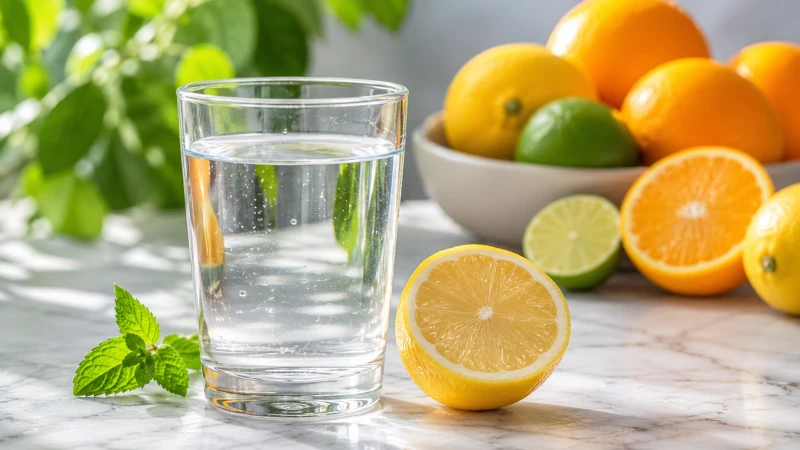 Glass of water alongside a halved lemon, with a backdrop of citrus fruits, representing hydration and citrate-rich drinks for kidney stone prevention.