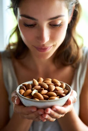Young woman smiling while holding a bowl of almonds, a nutrient-rich snack for supporting strong bones.