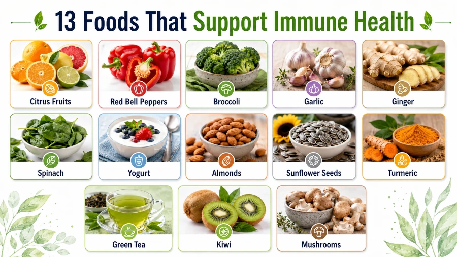 Grid of 13 foods that support immune health