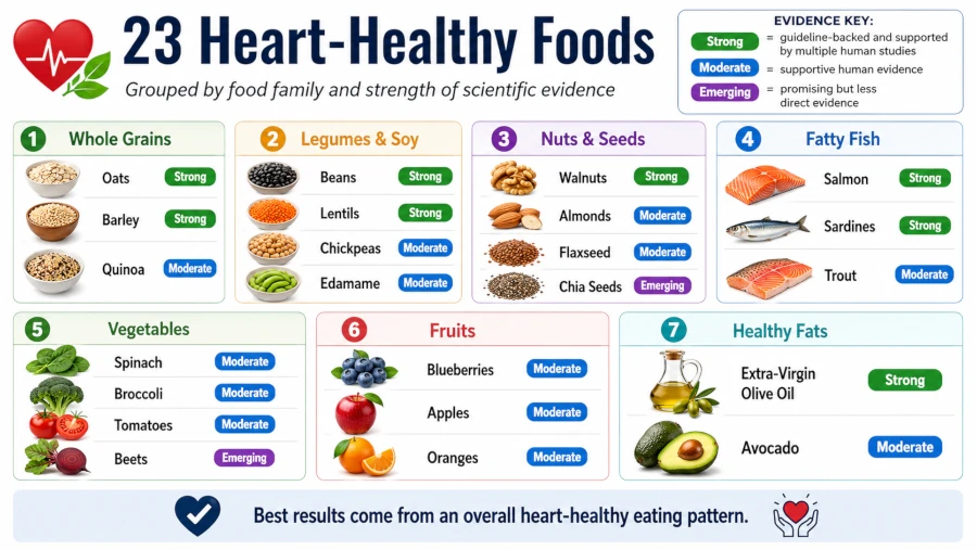 23 heart-healthy foods list by food family and strength of scientific evidence.