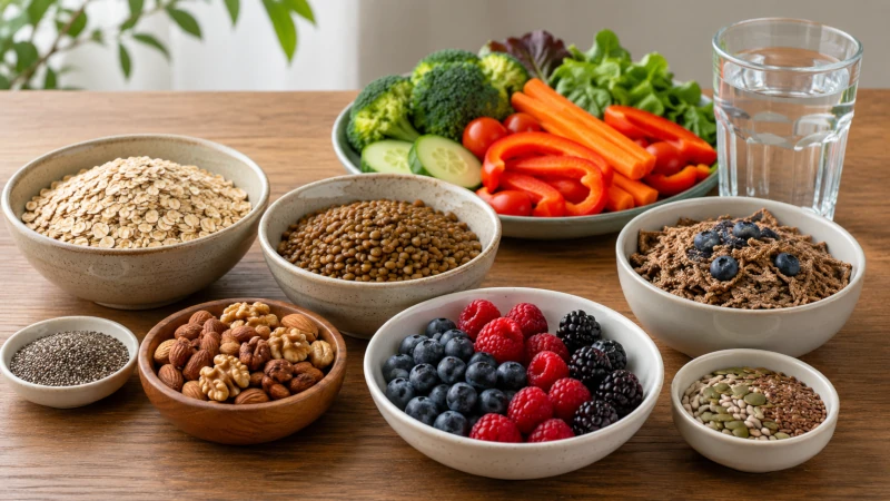 Foods for diverticulosis including Oats, lentils, berries, vegetables, nuts, seeds, bran cereal, and a glass of water on a table.