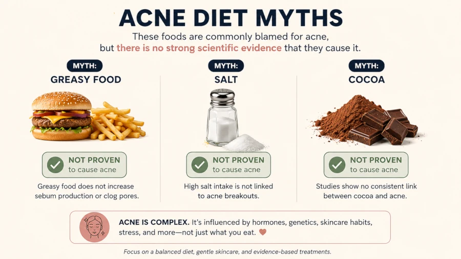 Acne diet myths: greasy food, salt, and cocoa shown as not proven causes of acne.