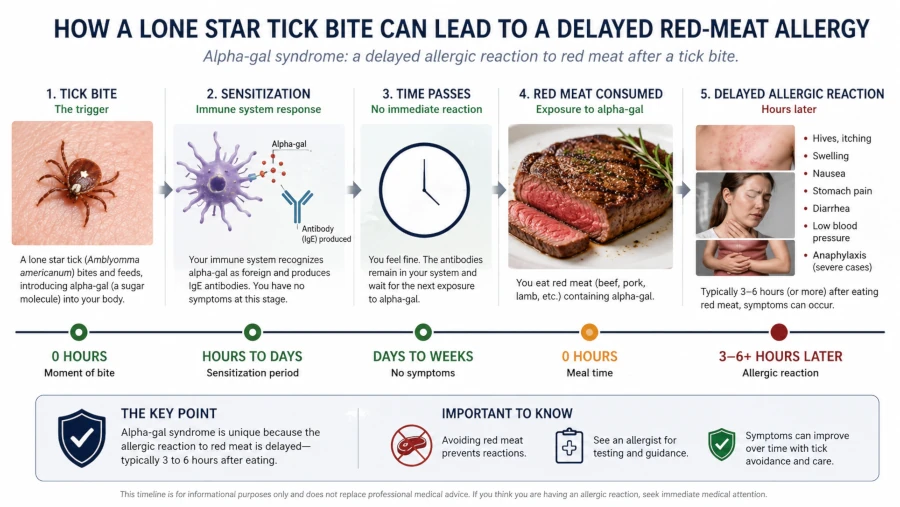 Timeline showing a lone star tick bite leading to a delayed red-meat allergic reaction hours later.