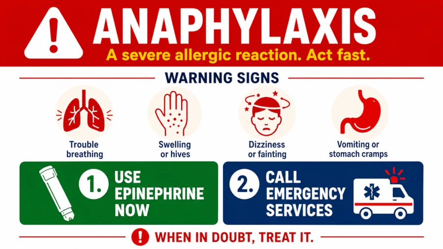 Warning signs of anaphylaxis and a reminder to use epinephrine and call emergency services.