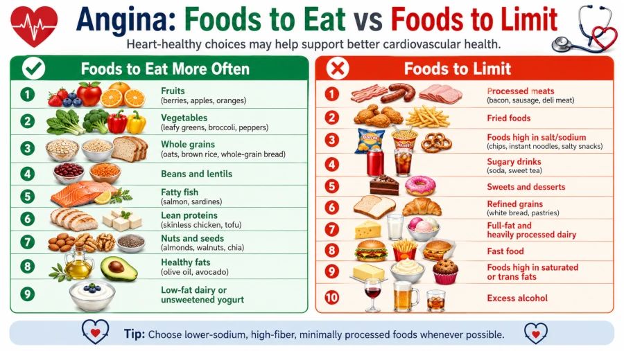 Side-by-side of foods to eat and foods to limit for angina.