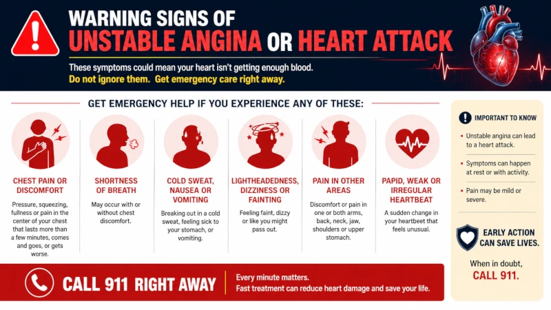 Warning signs of unstable angina or heart attack that need emergency care.