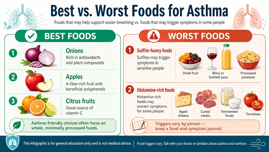 Infographic comparing best and worst foods for asthma including onions, apples, citrus, vs. sulfite-heavy and histamine-rich foods