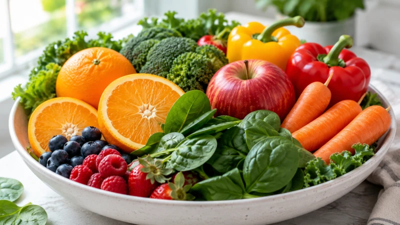 A bowl of colorful fruits and vegetables including oranges, spinach, and apples — best foods for asthma