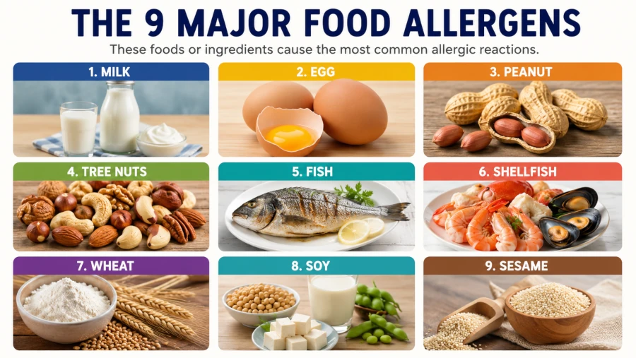 The nine major food allergens: milk, egg, peanut, tree nuts, fish, shellfish, wheat, soy, and sesame.