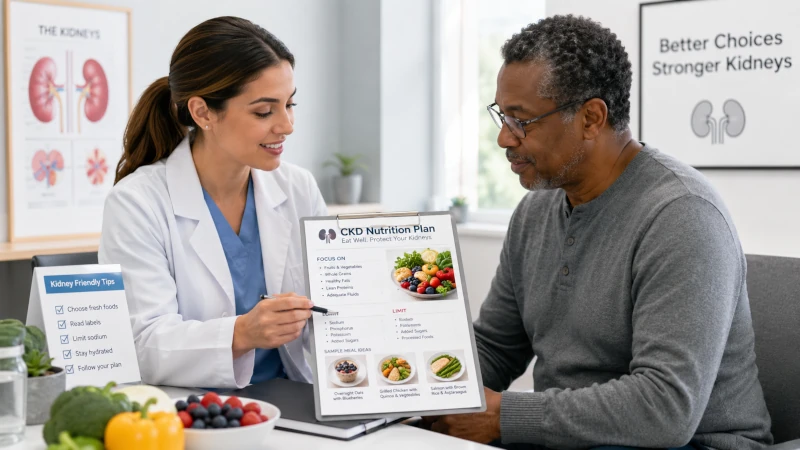 A healthcare provider and patient reviewing a CKD nutrition plan together