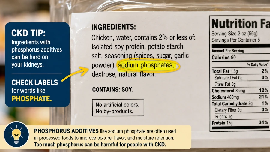 Close-up of a food ingredient label showing a phosphorus additive that people with CKD should watch for