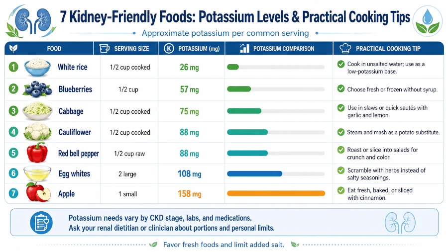 Chart comparing seven kidney-friendly foods by potassium level and practical cooking tips for CKD