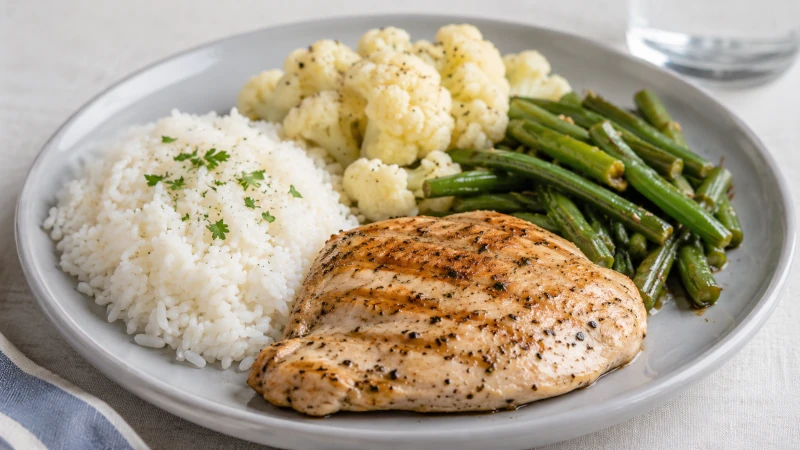A balanced CKD-friendly meal with a small portion of chicken, white rice, and low-potassium vegetables on a plate