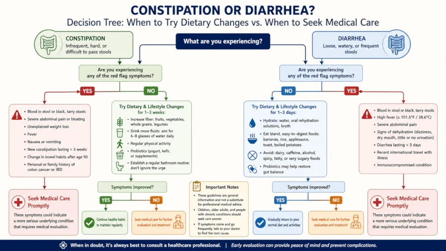 Decision tree for when to try dietary changes versus when to seek medical care for constipation or diarrhea